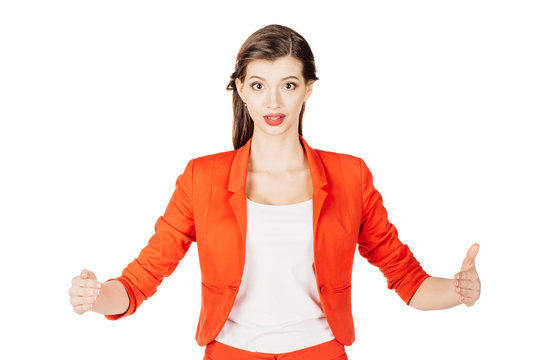 Young woman holding something invisible in hands  isolated on white background