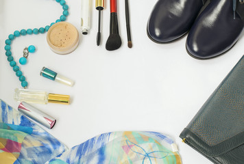 Women set of fashion accessories, shoes, cosmetics and bijouteri