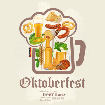 Beer poster. Beer mugs with foam, bottle, wheet, leaves. Oktoberfest - Text in German. 