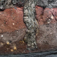 A magmatic dike cross-cutting horizontal layers of rock