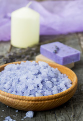Sea salt with lavender and natural soap -  ingredients for spa t