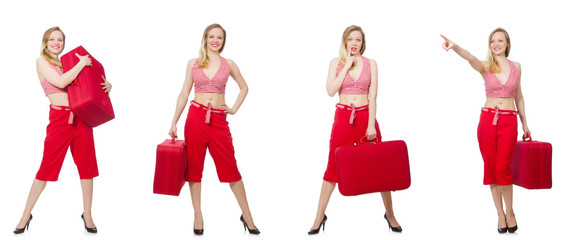 Travelling woman with suitcase isolated on white