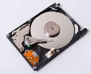 Close up of hard disk internal mechanism hardware