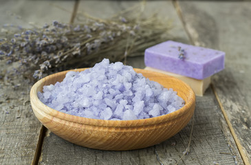 Obraz na płótnie Canvas Sea salt with lavender and natural soap - ingredients for spa t