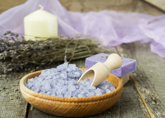 Sea salt with lavender and natural soap -  ingredients for spa t