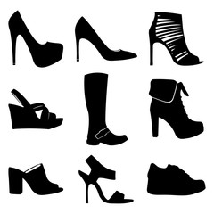 Women shoes vector set on white background. Shoes vector collection. Shoes icon set. Isolated women shoes. Shoes silhouettes. Black and white women shoes group.Shoes vector symbols.Girl fashion shoes.