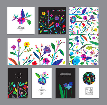 Set of creative universal floral cards. 