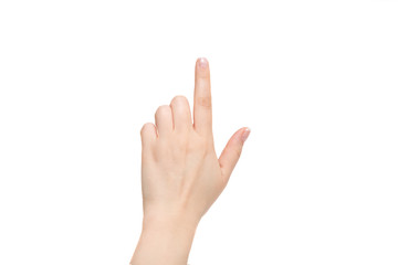Female index finger on a white background.