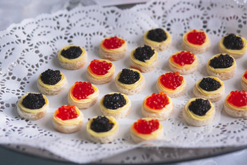 Beautifully decorated catering banquet table with different food snacks and appetizers with sandwich, caviar, fresh fruits on corporate christmas birthday party event or wedding celebration