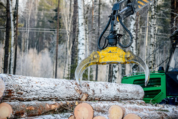 Captures a timber loader  , stack of log