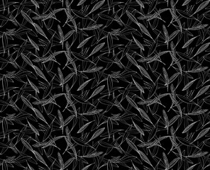 Leaves seamless hand drawn pattern white ink on black background