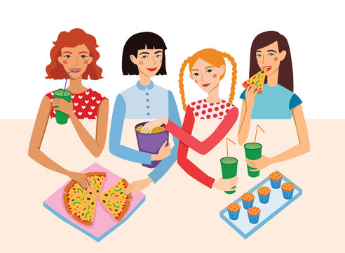 Dinner Party Movie Night With Four Cute Girls Friends Vector Illustration. Ginger, Brunette, Blond And Brown Haired Girlfriends Different Hairstyles Chatting, Snacking together.