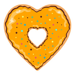 Heart shaped and chocolate covered isolated orange donut clip art with colorful circle toppings on a white background - Eps10 Vector graphics and illustration