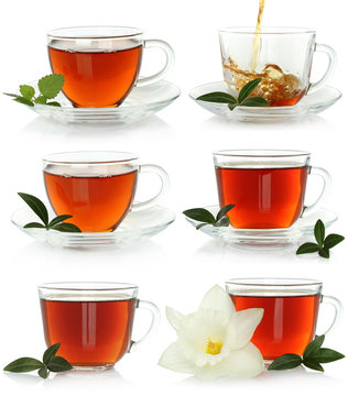 Cups of tea set with green leaves on a white background