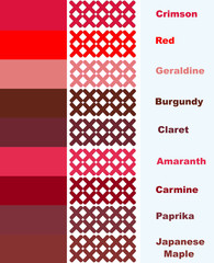 Samples cross stitch in red palette of colors with names