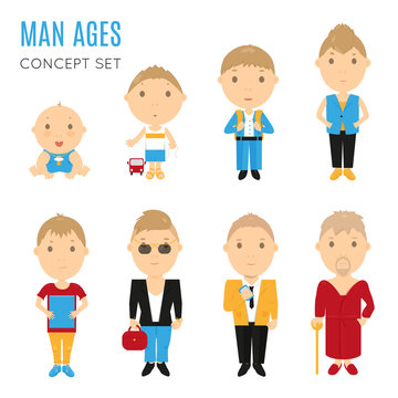 Set of casual man age flat icons