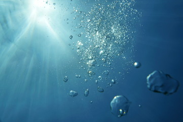 Obraz premium Underwater bubbles with sunlight through water surface, natural scene, Caribbean sea