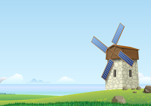 Green Landscape With Windmill With Wings Of Solar Panels On The Bay