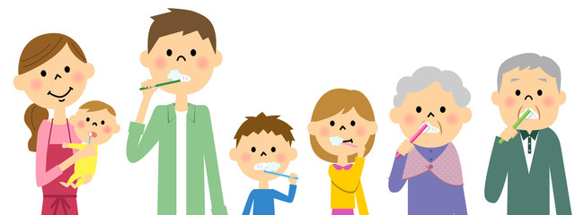 歯を磨く三世代家族