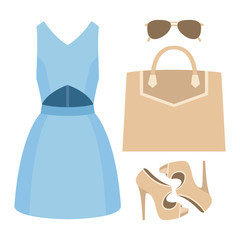 Set of trendy women's clothes with dress and accessories
