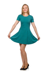 Charming caucasian woman wearing green dress isolated on white