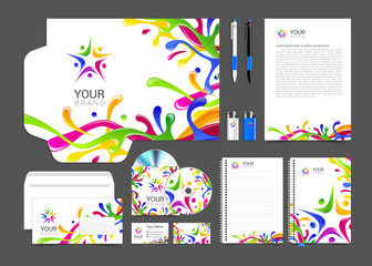 Corporate Identity vector templates set with watercolor colorful dots paint logo people