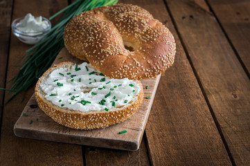 Healthy Eating Bagel With Cream Cheese Sandwich For Breakfast