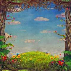 Beautiful woodland scene with trees , grass, butterflies , flowers  and clouds , illustration art 