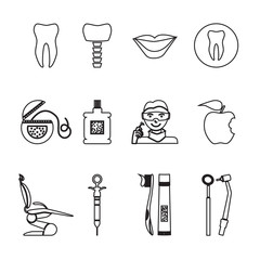Flat line colorful icons collection of dental services, equipment and products for dental care, online support, dental treatment and prosthetics