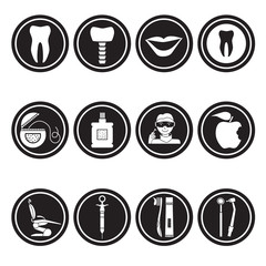 Flat line colorful icons collection of dental services, equipment and products for dental care, online support, dental treatment and prosthetics