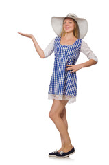 Smiling woman in plaid simple dress and hat isolated on the whit