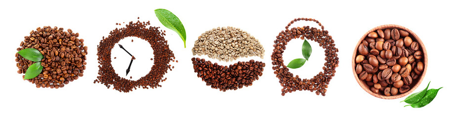 Colourful bright collage made of leaves and alarm clocks of coffee beans, isolated on white