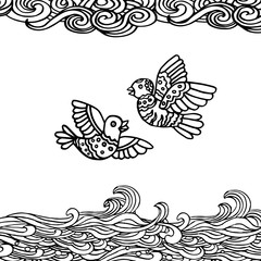 Black and white hand-drawn illustration of two flying birds and clouds decorative