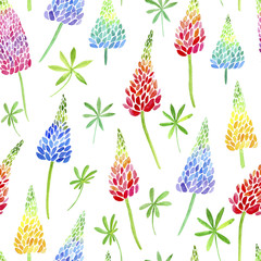 Floral seamless pattern.Colorful lupines flowers.Watercolor hand drawn illustration.