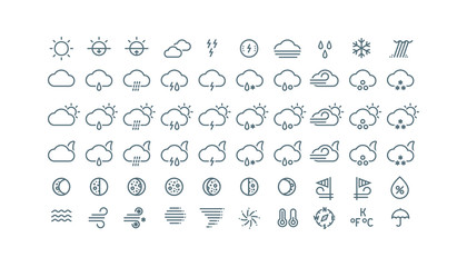 Thin line weather icons collection. Gray icons isolated on white background.