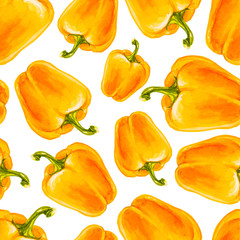 Watercolor hand drawn seamless pattern with yellow bell pepper. Vector eco food illustration.
