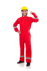 Man wearing red coveralls isolated on white