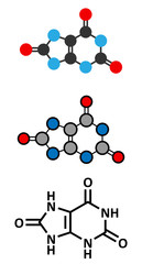 Uric acid molecule. High blood levels lead to gout disease.