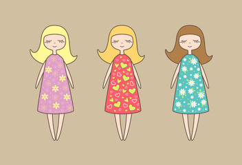 Set of  three nice dolls. Vector elements, vector illustration