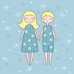 Vector illustration of  nice boy and girl on blue background with butterflies and hearts