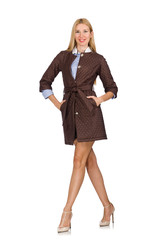 Fototapeta premium Pretty young model in brown jacket isolated on white