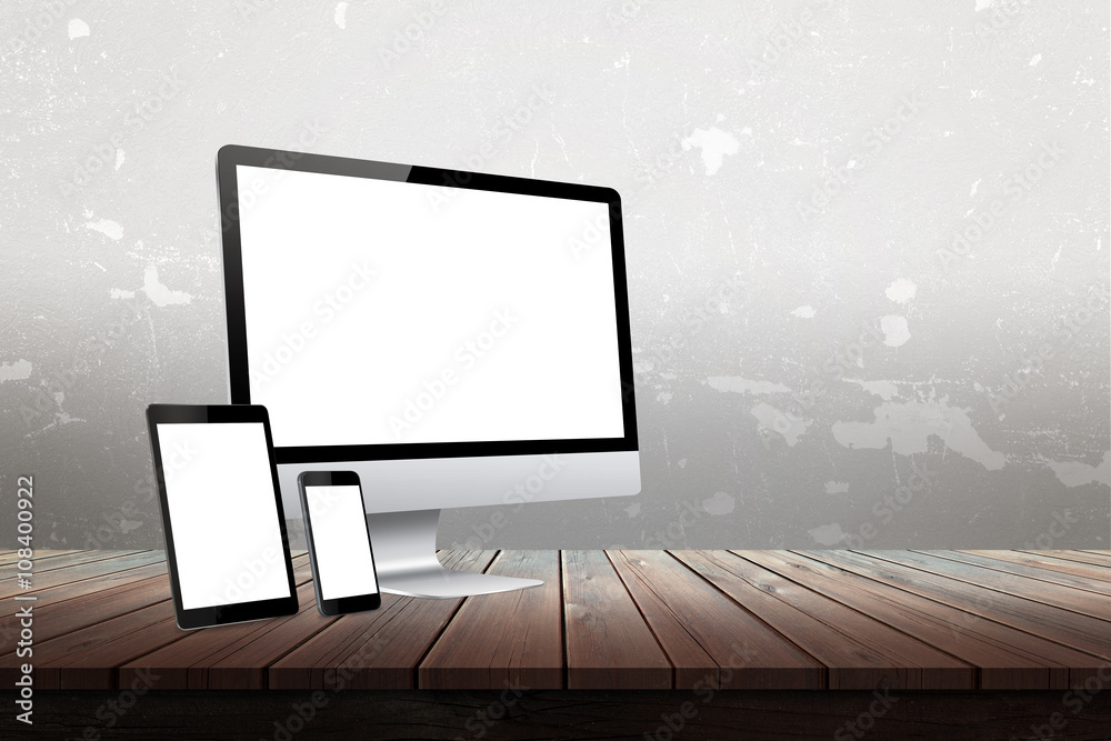 Poster devices with isolated white display for responsive web promotion. computer, laptop, tablet, smart ph