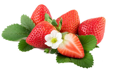 Strawberry on white. Fresh organic strawberry with leaves and flower.