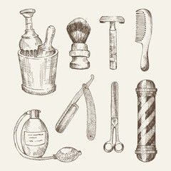 Retro illustrations of barber shop elements.