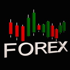 Forex trading, candlestick bars chart on a black background.