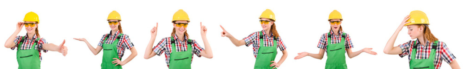 Woman in green coveralls isolated on white