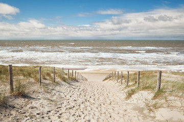 sand path to sea beach in sunny day - obrazy, fototapety, plakaty