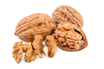 Walnuts whole and shelled. Walnuts isolated on white background.