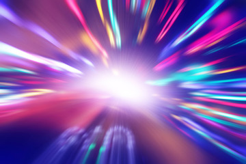 Car driving fast at night. Blurred motion image.