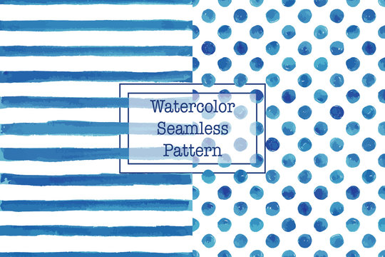 Set of two watercolor seamless patterns, blue color. Stripes and polka dot pattern. Watercolor seamless pattern for any your design project eco, natural, organic them. Or for print on any item. 